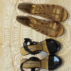 Michael Kors Beige Strappy Heels AND K. Lagerfeld Blk Patent Heels VGUC